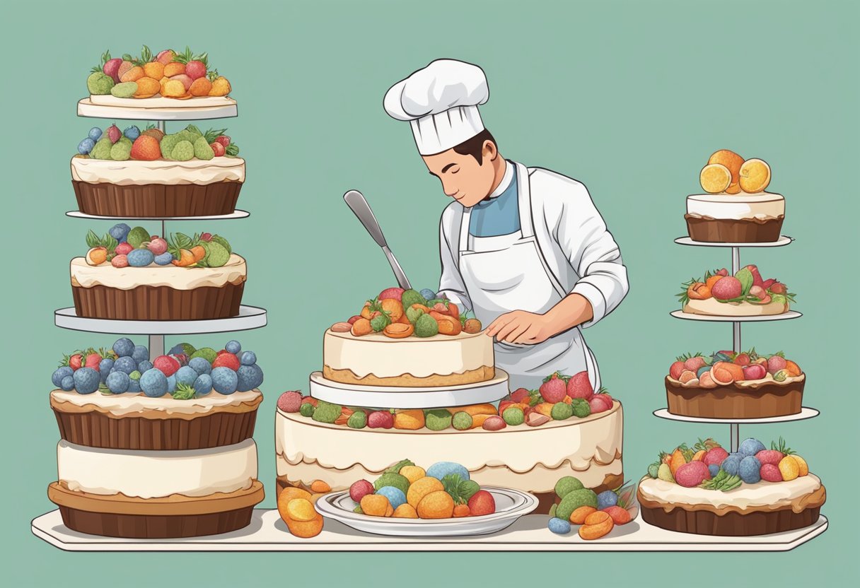 A baker carefully selects ingredients and decorates a custom cake with precision and skill