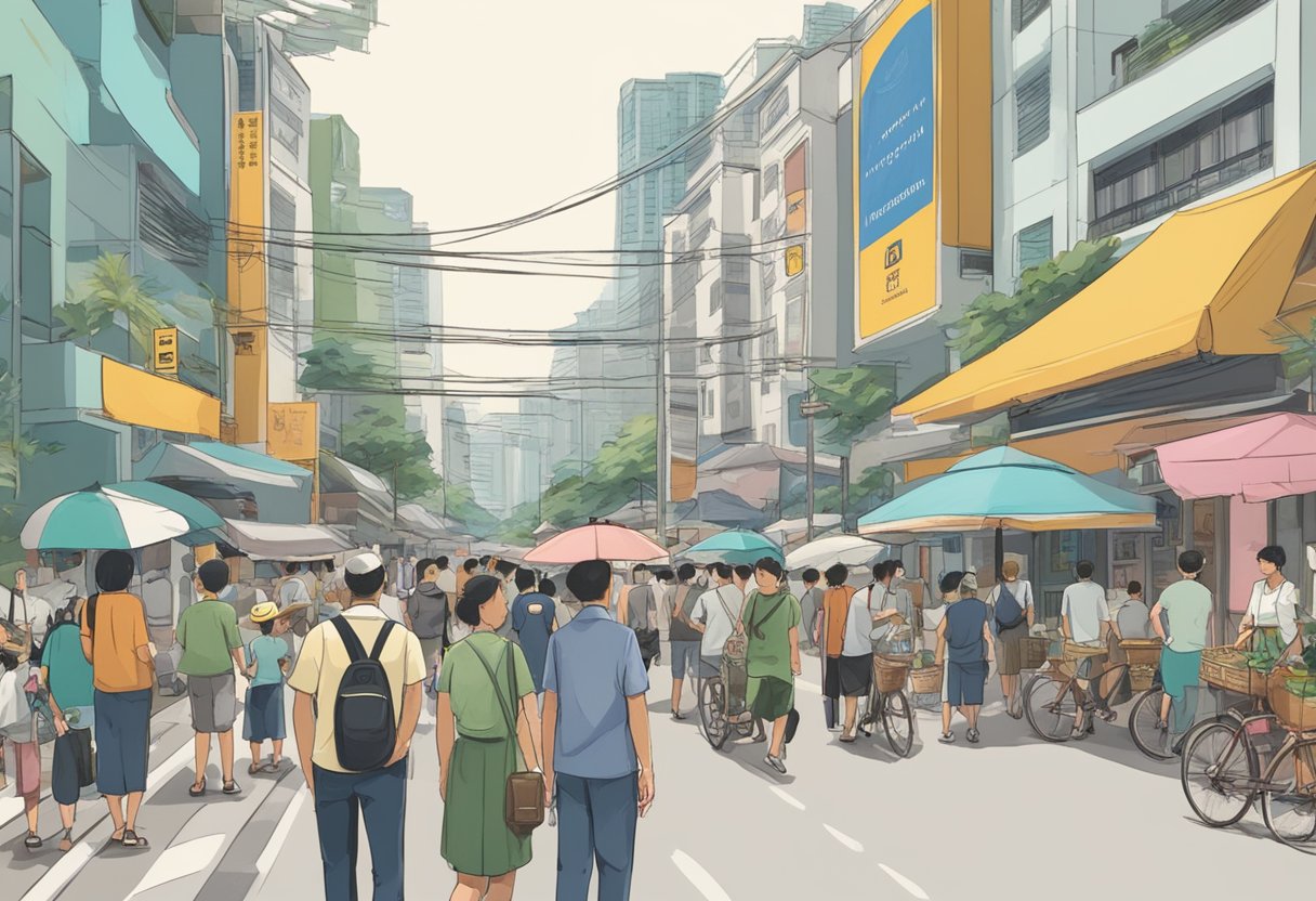 A bustling Singapore street with a prominent sign for "Konjiki Hototogisu" surrounded by curious onlookers