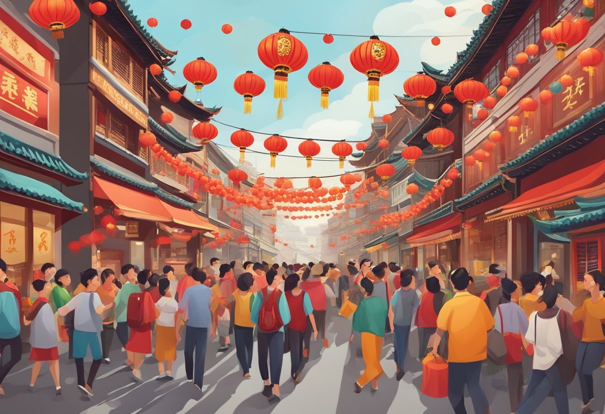 A vibrant lion dance at a bustling Chinatown street, with red lanterns and festive decorations adorning the buildings