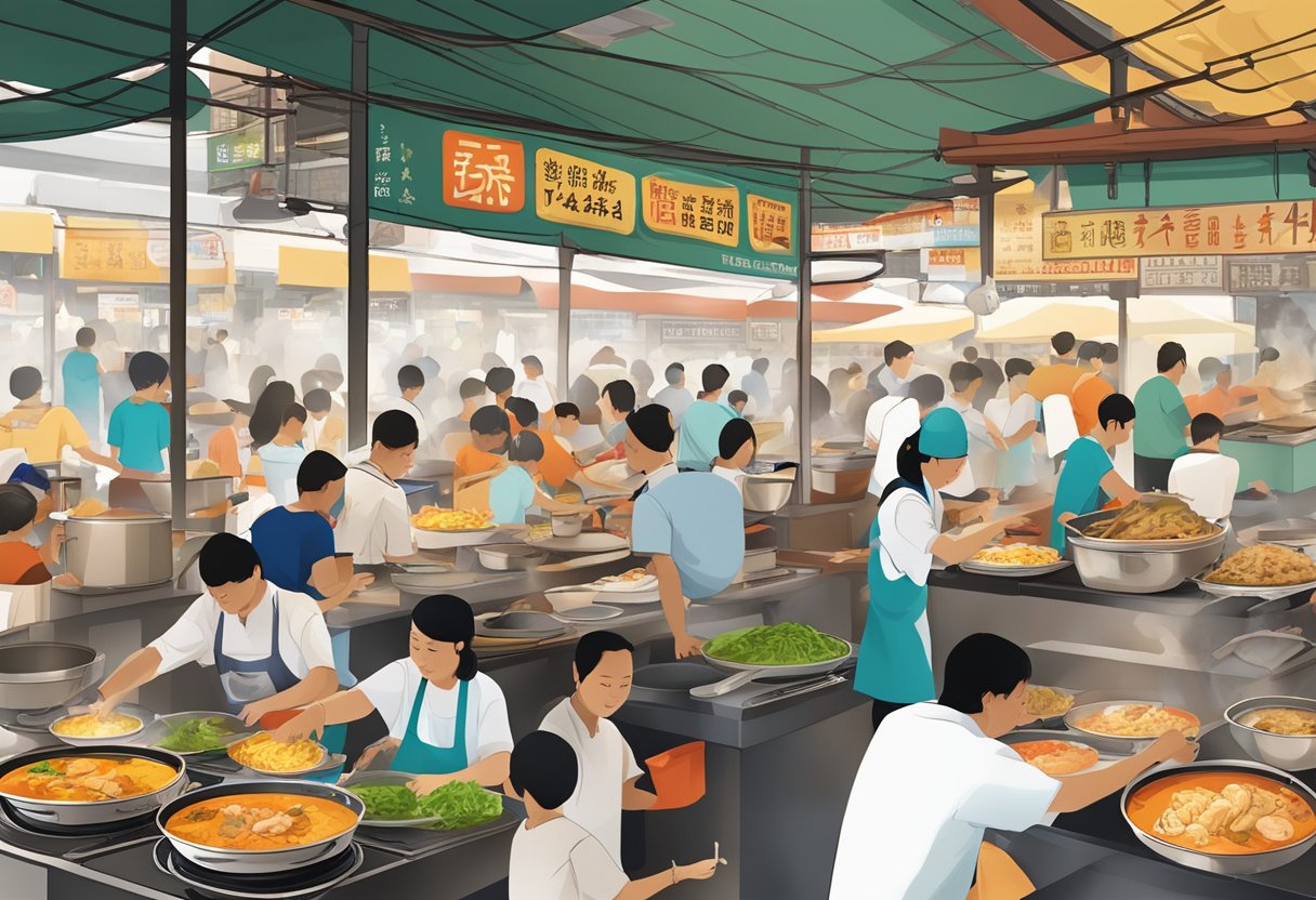 A bustling hawker center with steaming woks, sizzling grills, and colorful displays of local dishes like Hainanese chicken rice and laksa
