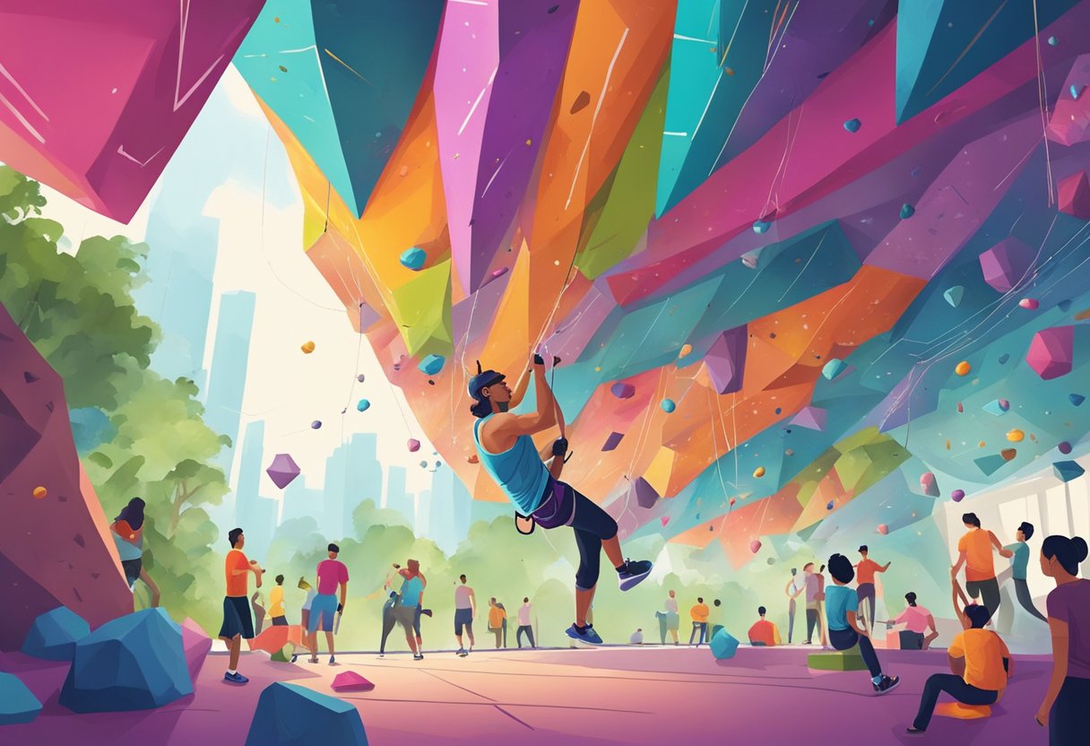 A climber conquers a challenging boulder route in a vibrant indoor gym in Singapore, surrounded by colorful holds and a supportive crowd