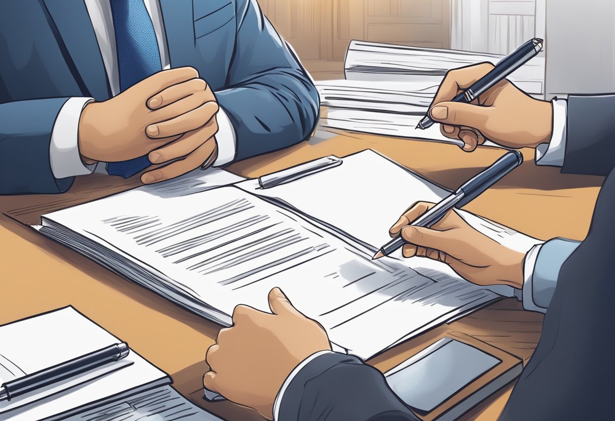 A person signing a legal document with a lawyer present