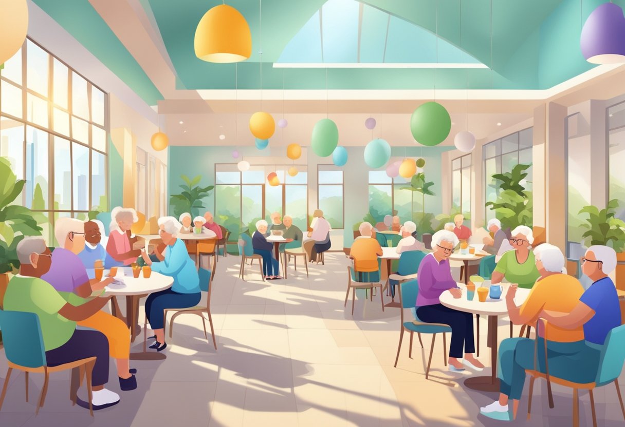 Elderly individuals engaging in social activities in a vibrant community center, surrounded by supportive caregivers and modern facilities