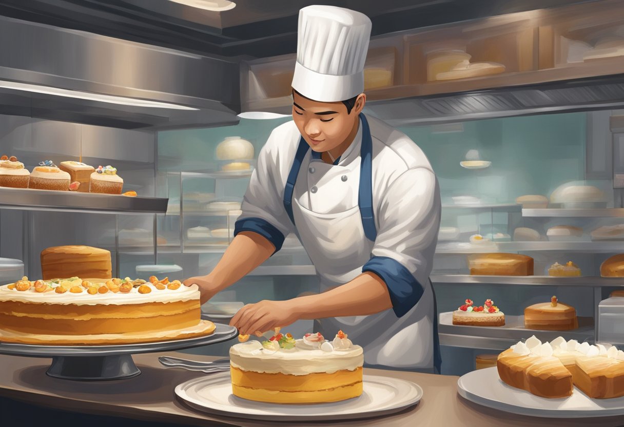 A baker carefully decorates a customised cake in a bustling Singapore bakery