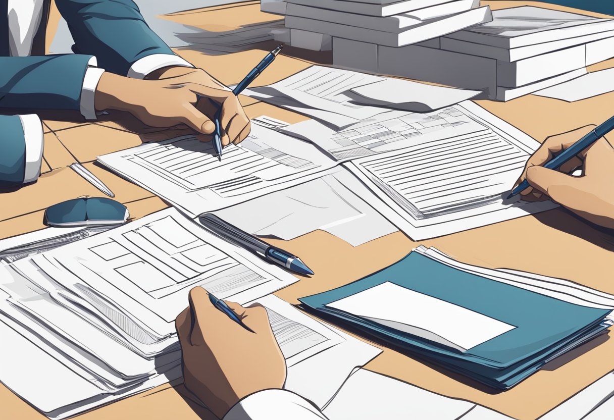 A person filling out LPA forms at a desk with a pen and documents
