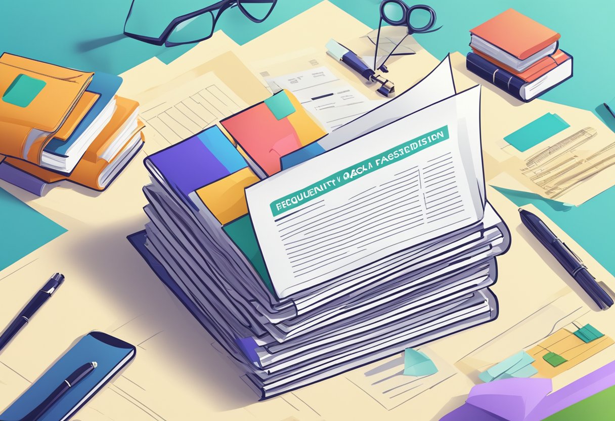 A stack of legal documents with "Frequently Asked Questions" prominently displayed, surrounded by relevant legal symbols and icons