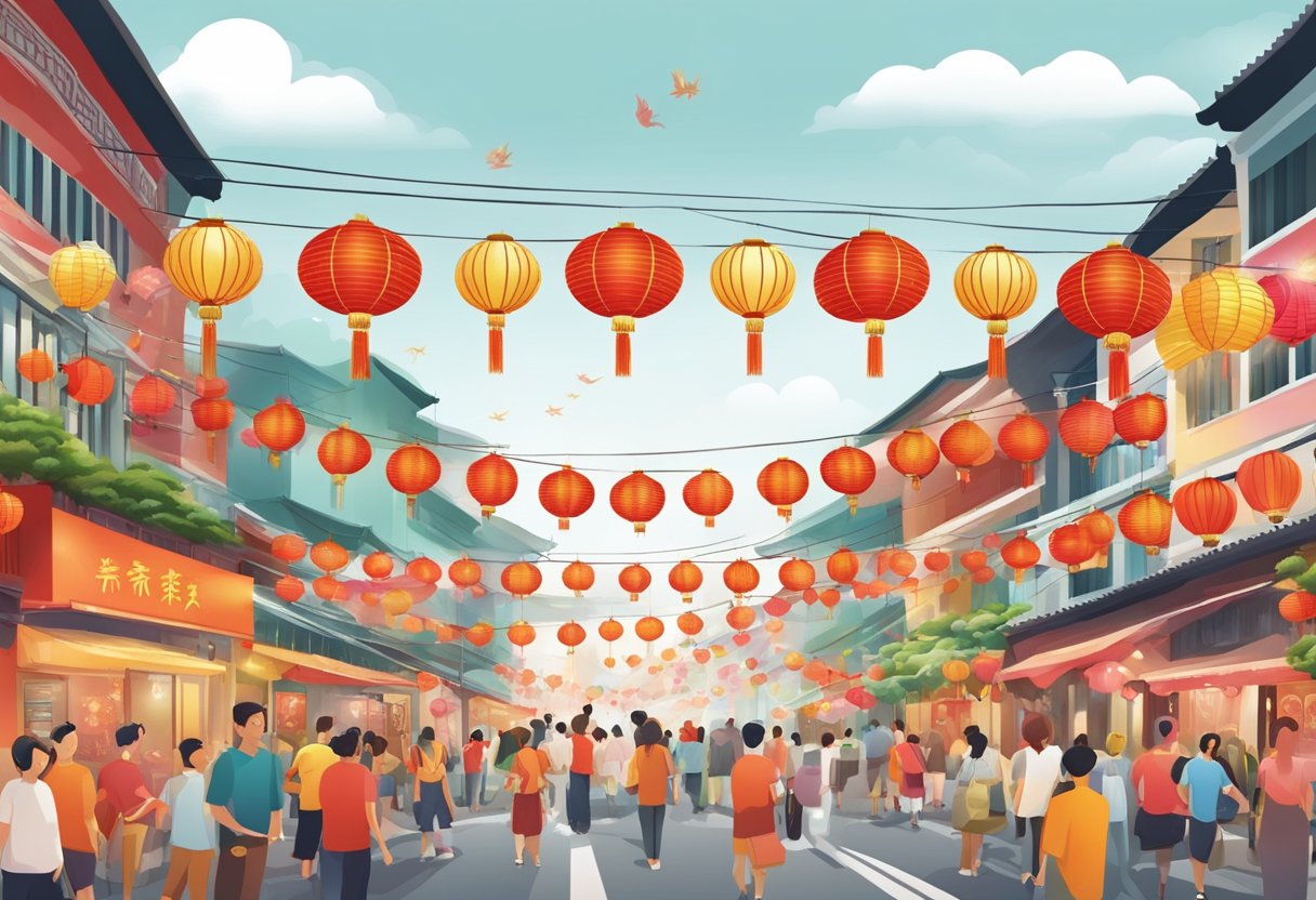 Colorful Chinese New Year decorations fill the bustling streets of Singapore, with lanterns, dragons, and festive banners adorning every corner
