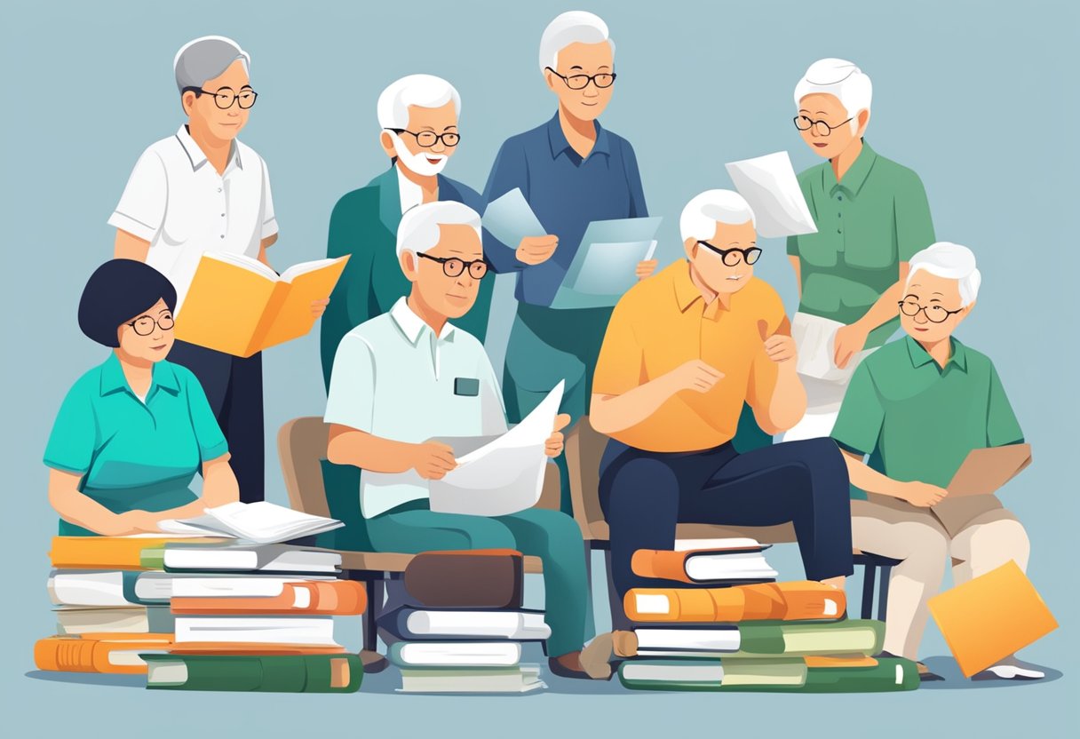 Elderly individuals in Singapore asking questions, surrounded by informational materials and resources