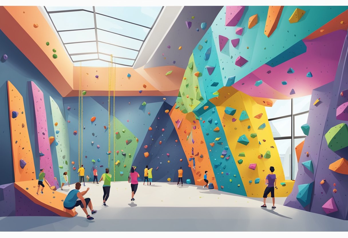 A colorful bouldering gym with various climbing walls and routes, filled with climbers and spectators