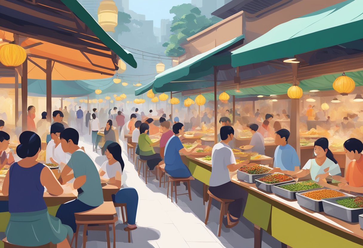 A bustling hawker center filled with colorful stalls, steaming woks, and tantalizing aromas. Diners sit at communal tables, savoring a diverse array of local dishes