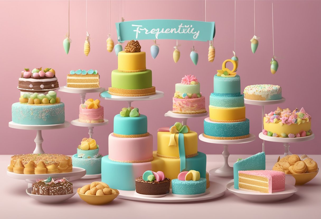 A bakery display featuring a customised cake with "Frequently Asked Questions" written in colorful icing, surrounded by other decorative desserts