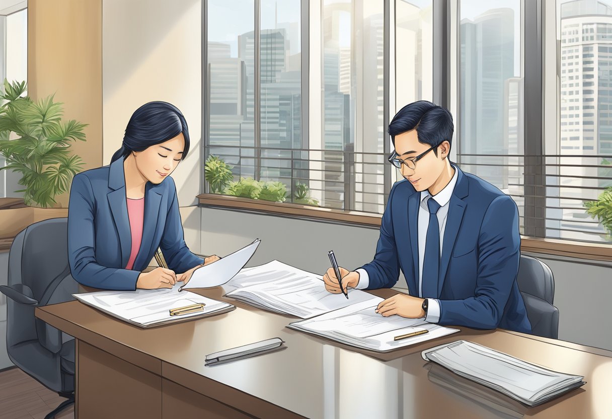 A couple signing mortgage documents in a Singapore bank office