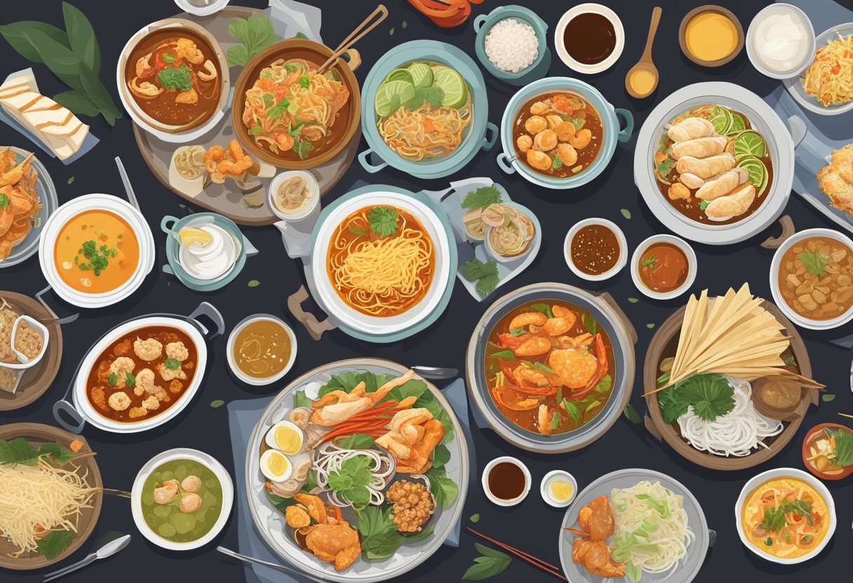 A table set with iconic Singaporean dishes: chili crab, Hainanese chicken rice, laksa, and rojak. A backdrop of bustling hawker stalls and diverse diners