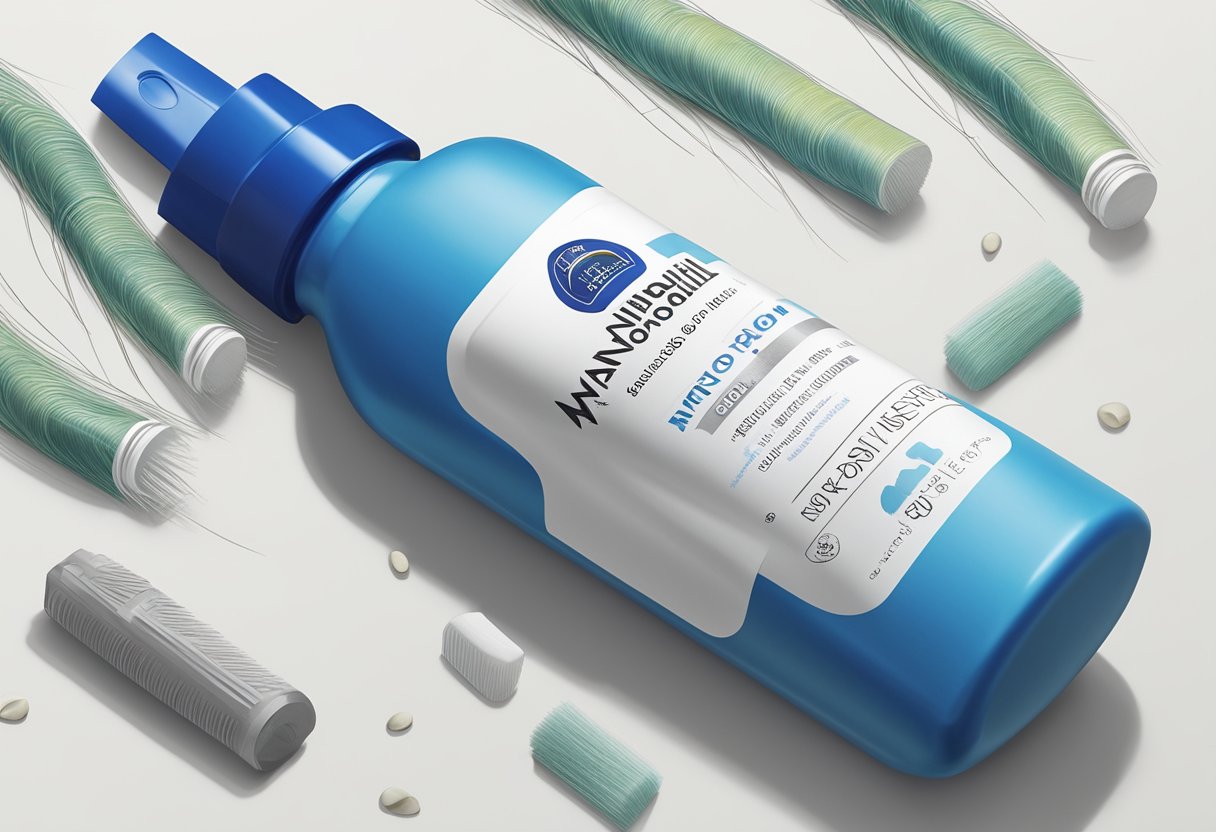 A bottle of minoxidil sits on a clean, white countertop, surrounded by a few scattered hair strands. The label is clearly visible, and the cap is unscrewed, hinting at recent use