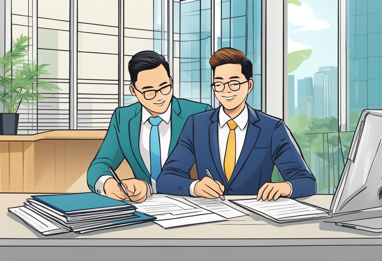 A person signing a mortgage loan document at a bank desk in Singapore. The banker explains the terms and conditions. The person looks satisfied