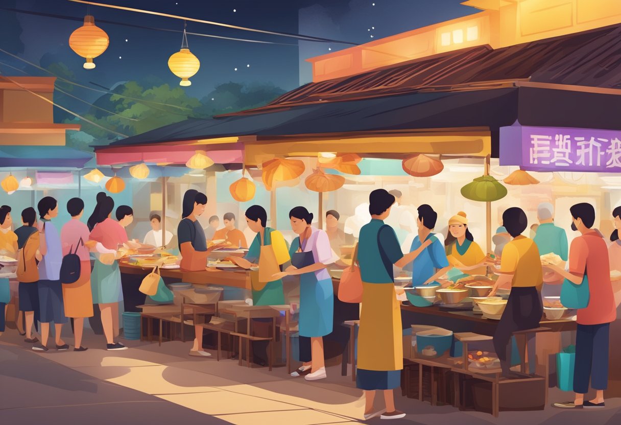 A bustling hawker center with colorful stalls serving a variety of local dishes, surrounded by eager customers and the aroma of sizzling spices