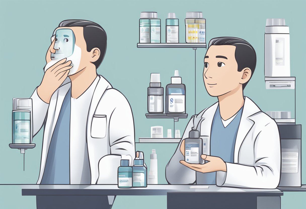 A person in Singapore purchases minoxidil at a pharmacy. They then apply it to their scalp at home, following the instructions on the package