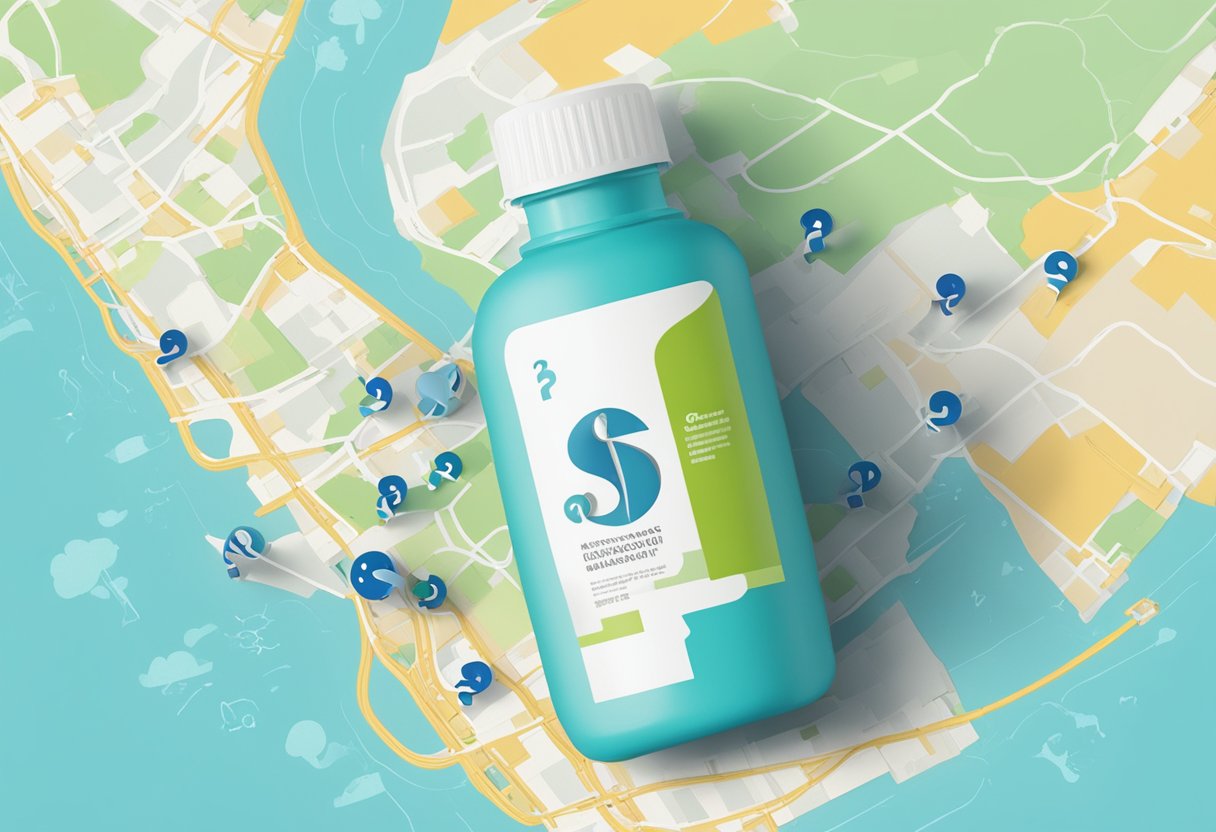 A bottle of minoxidil surrounded by question marks and a map of Singapore