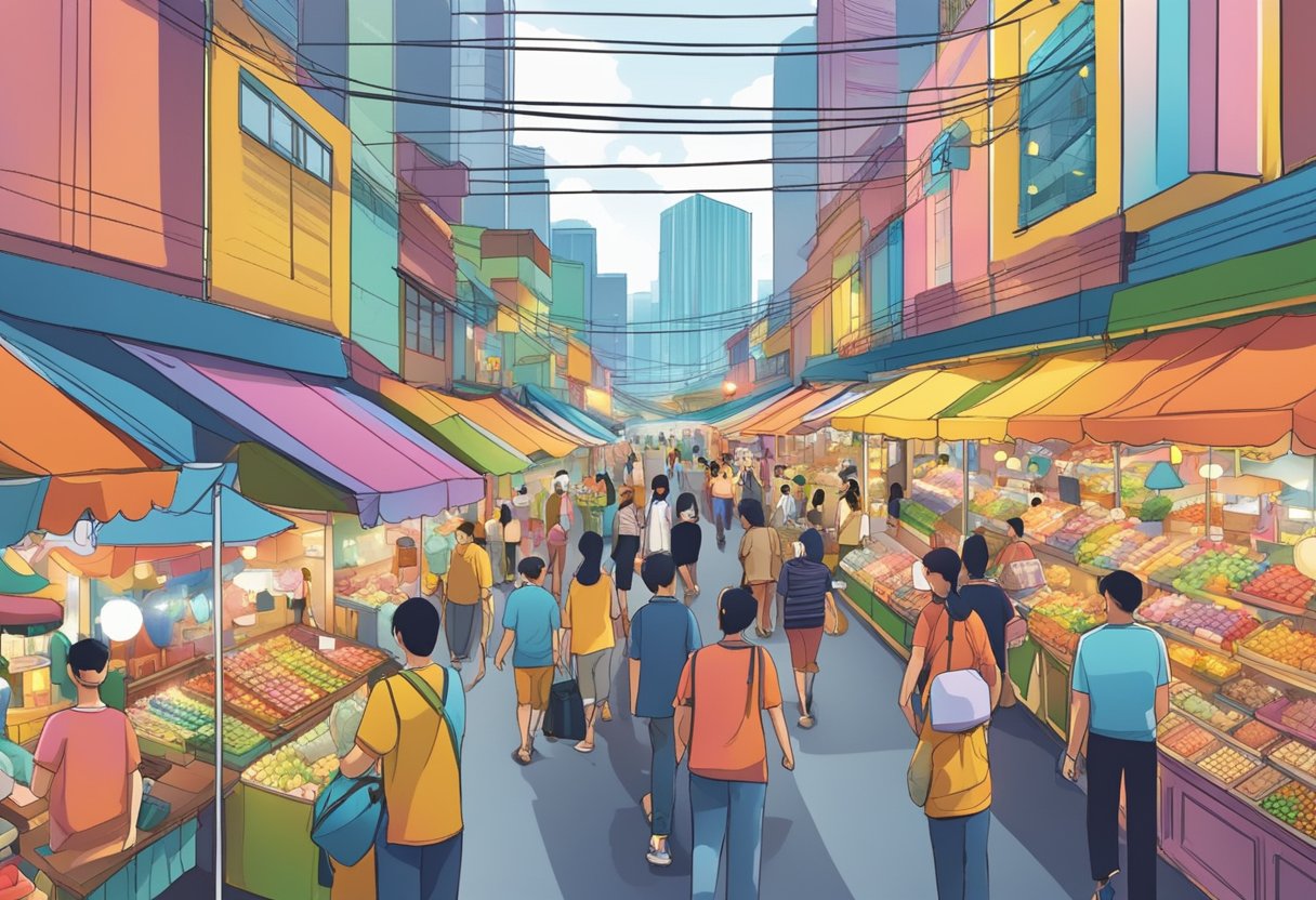 Emart Singapore: A bustling marketplace with colorful stalls, people browsing, and vendors selling a variety of goods. Bright lights and vibrant energy fill the space