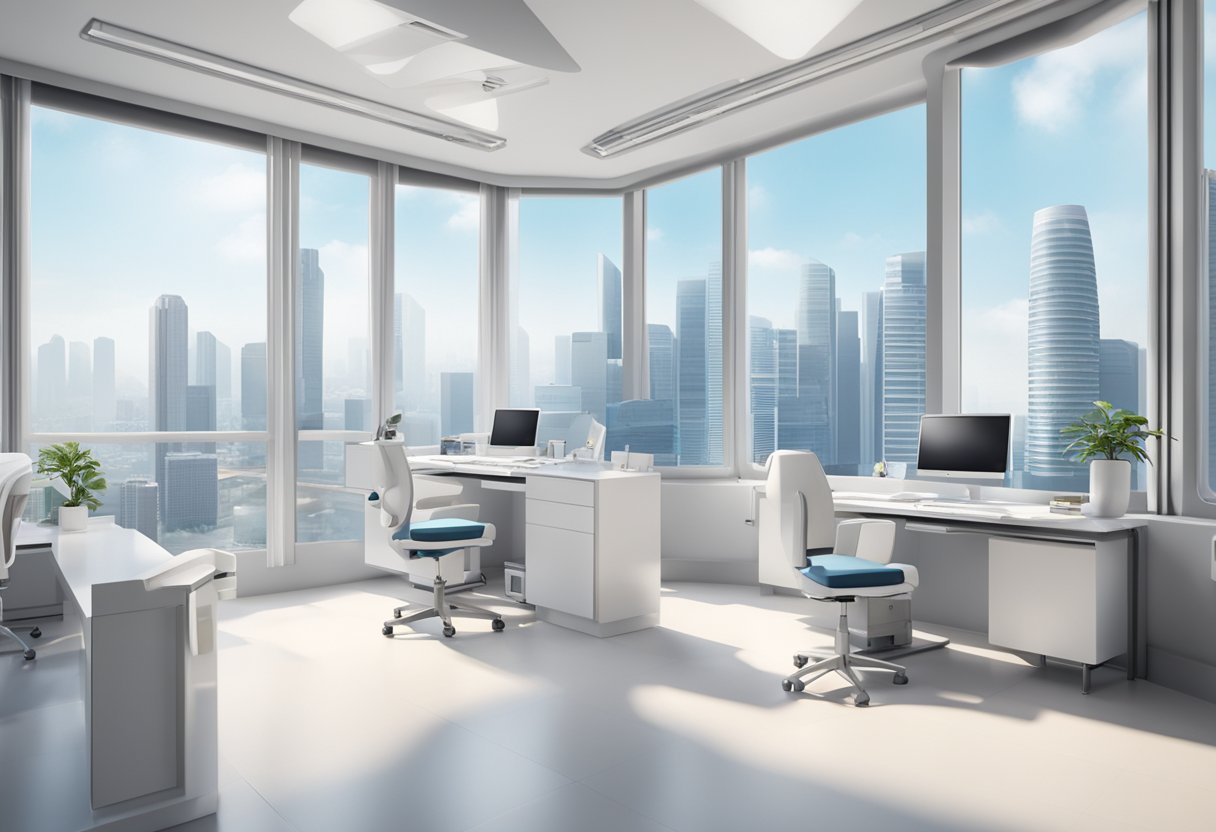 A bright, modern eye clinic in Singapore with sleek, white furniture and large windows overlooking the city skyline. Equipment and technology for eye exams and treatments are visible throughout the space