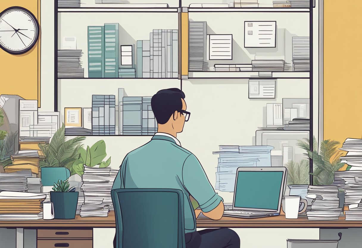 A person sitting at a desk, surrounded by documents and a computer, while a customer asks about mortgage loan options in Singapore