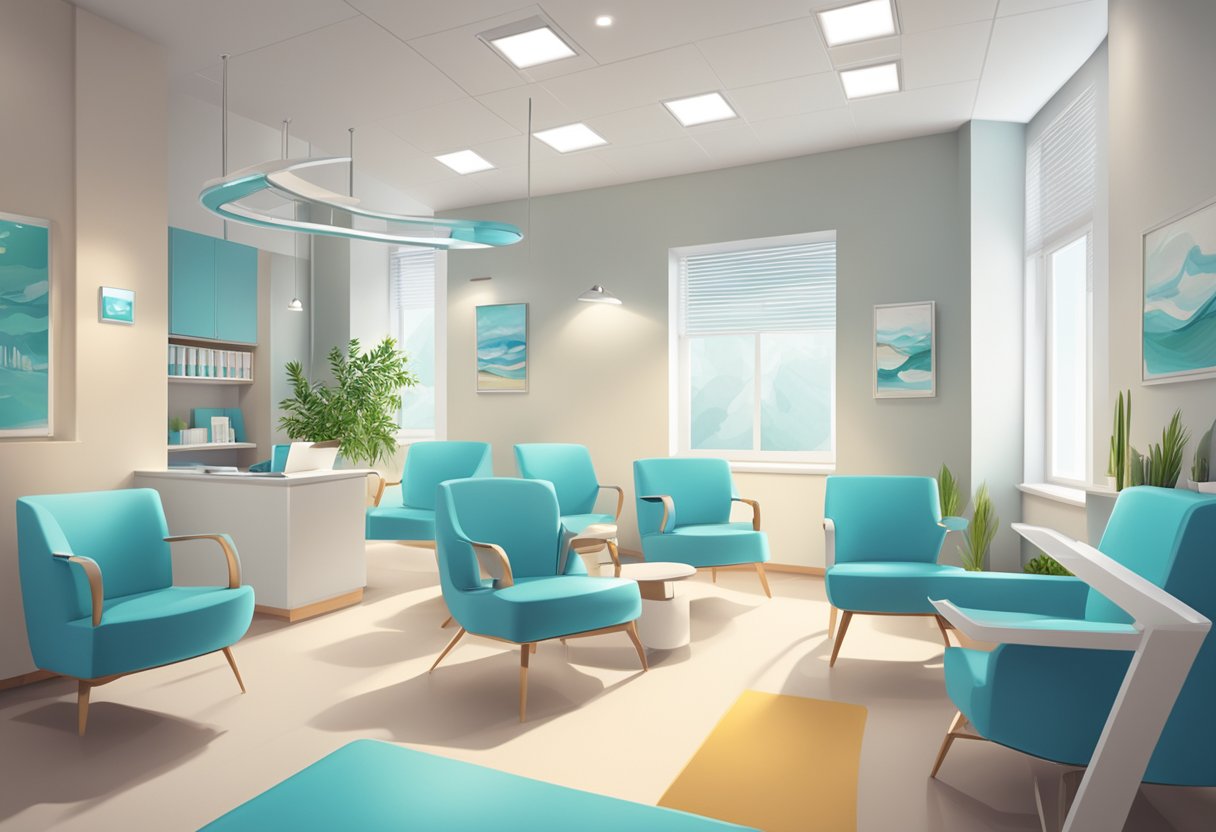 A modern eye clinic with state-of-the-art equipment and comfortable waiting area. Bright, clean, and welcoming atmosphere