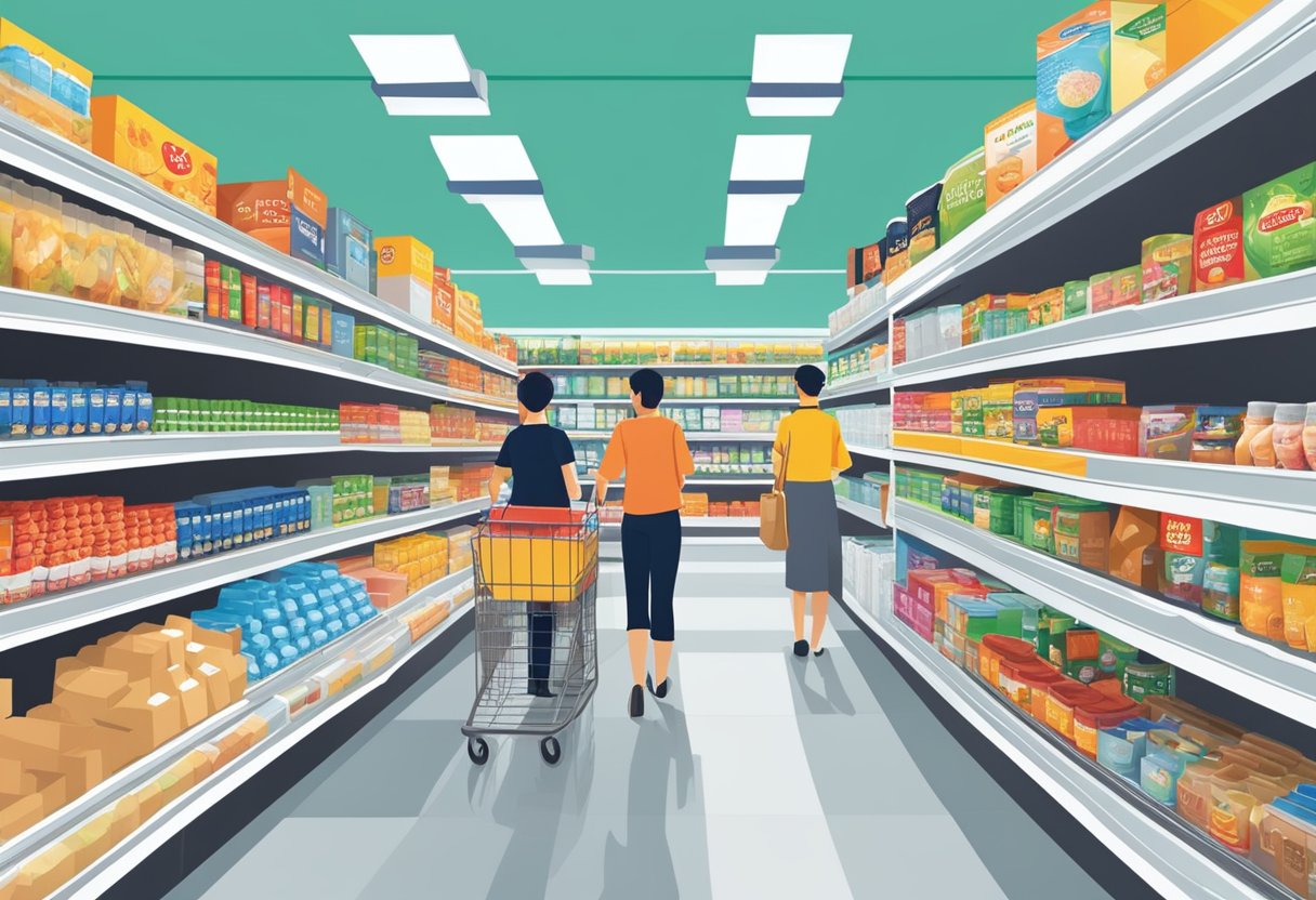 Customers browsing aisles at SAF eMart in Singapore. Shelves stocked with groceries and household items. Bright lighting and clean, organized displays