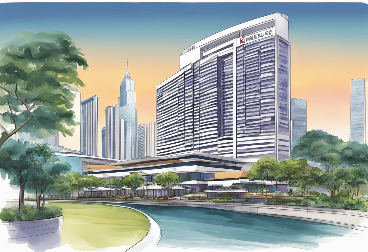 The iconic Mercure Singapore hotel stands tall against the city skyline, with its modern architecture and sleek design drawing the eye