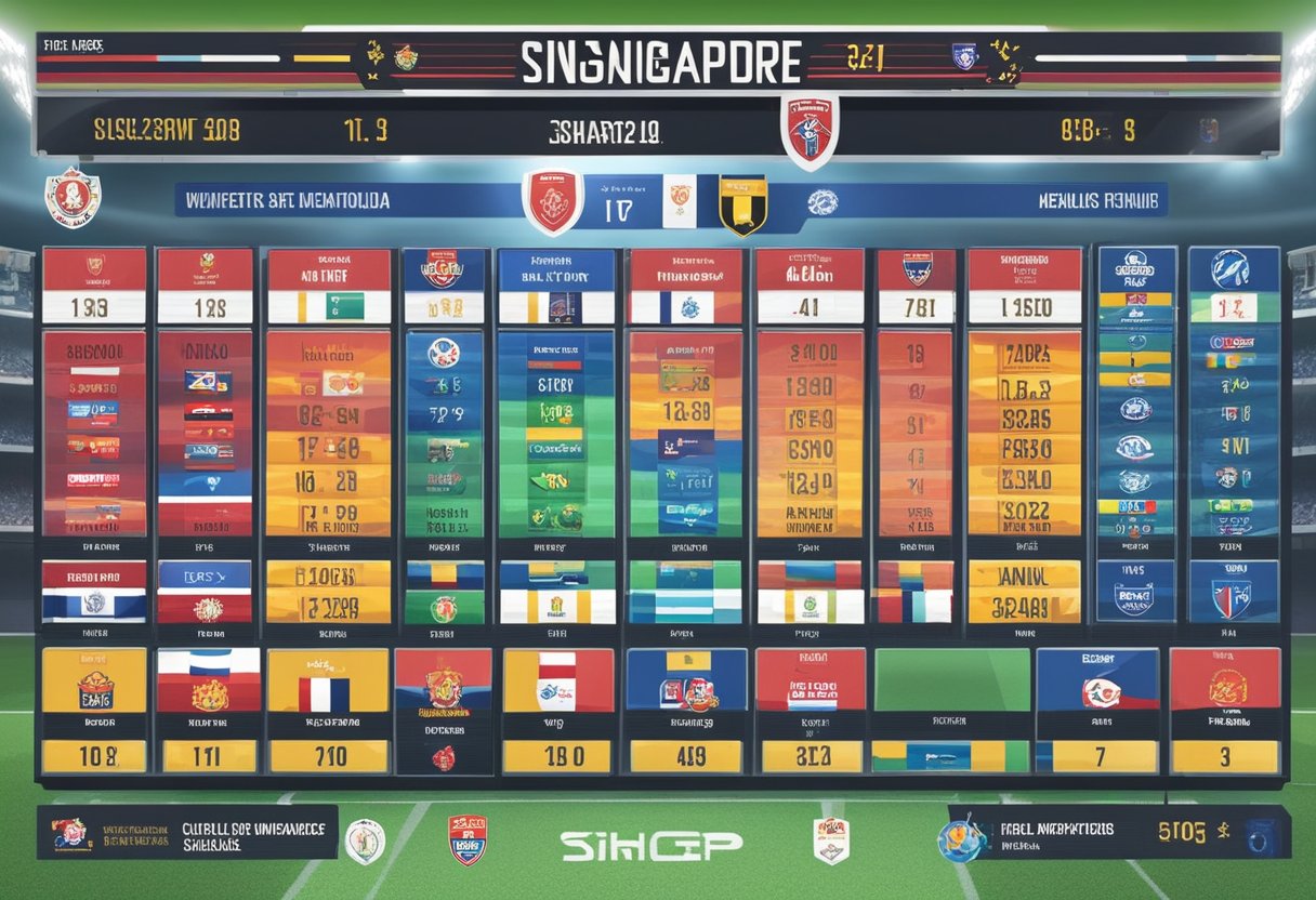 The current season standings for the Singapore Premier League are displayed on a digital scoreboard, showing the rankings of the teams