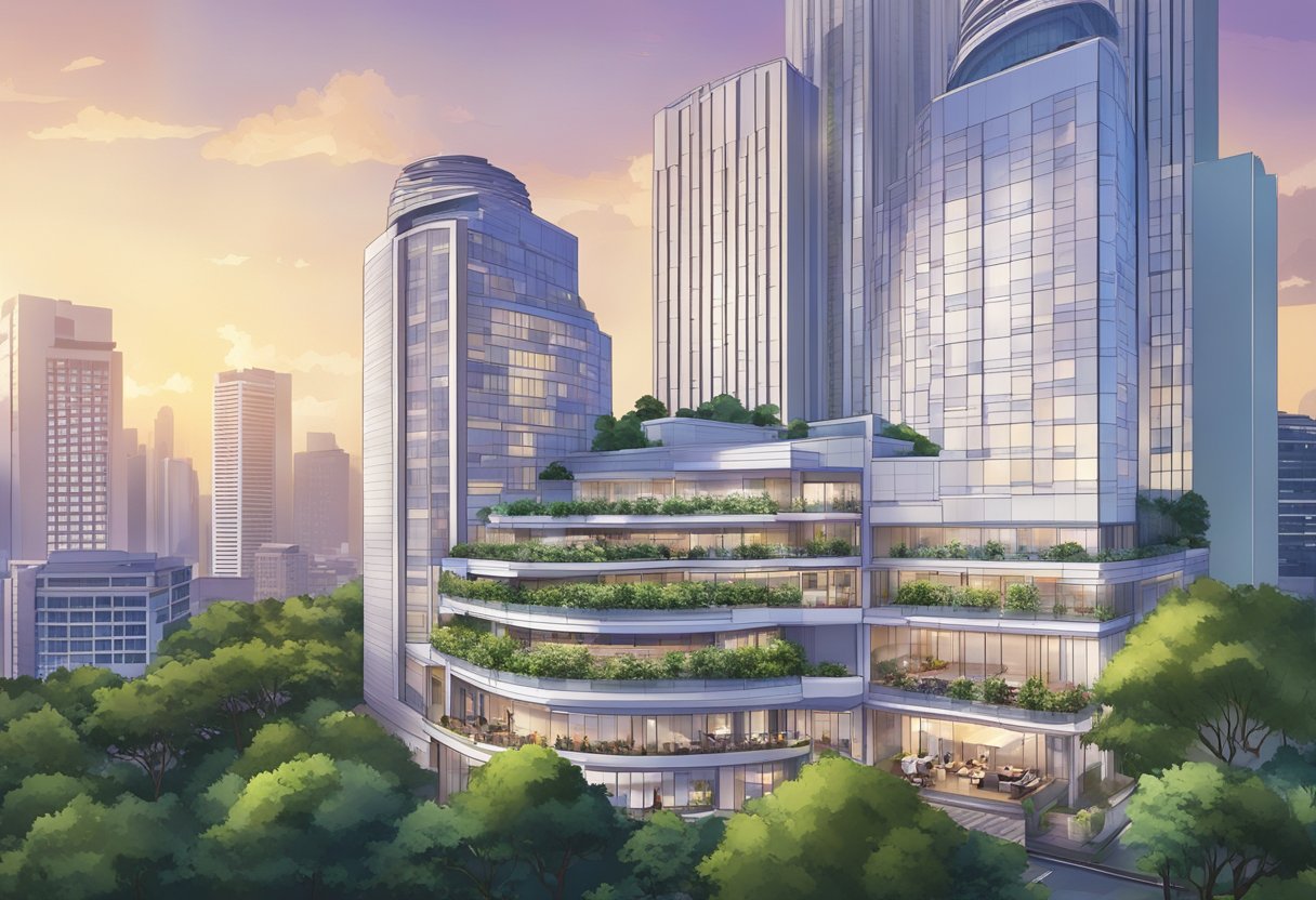 The Mercure Singapore hotel overlooks the city skyline, with a modern architectural design and lush greenery surrounding the building