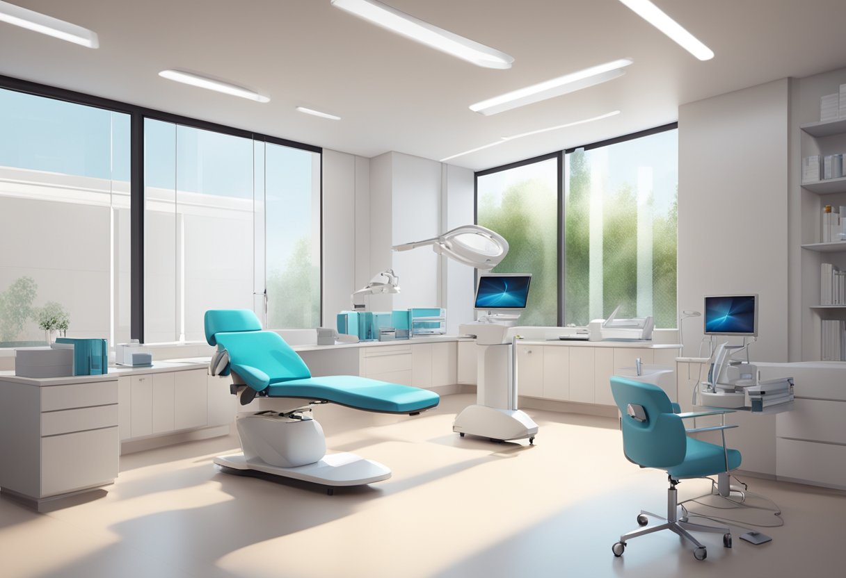 A modern eye clinic with sleek, minimalist furniture and state-of-the-art equipment. Bright, natural light floods the space, creating a calming atmosphere