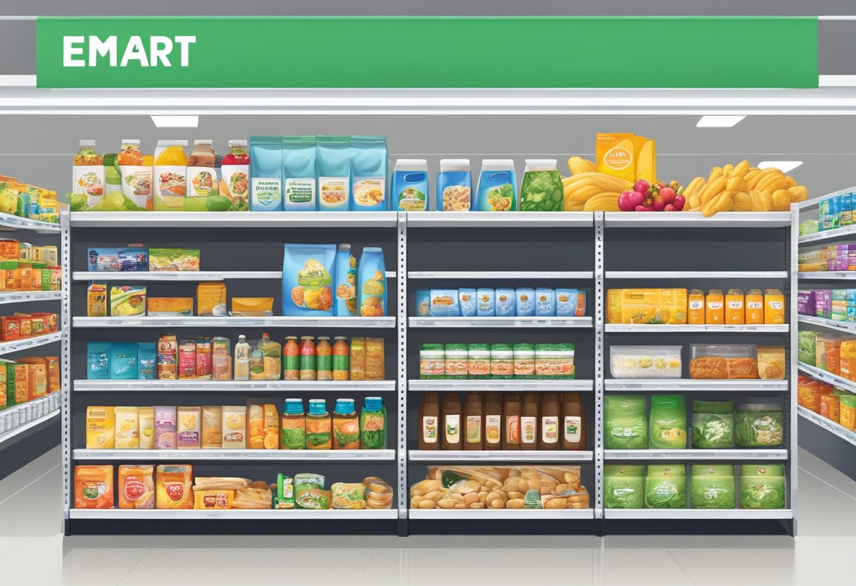 A display of diverse products with clear signage, stocked shelves, and organized aisles at emart Singapore