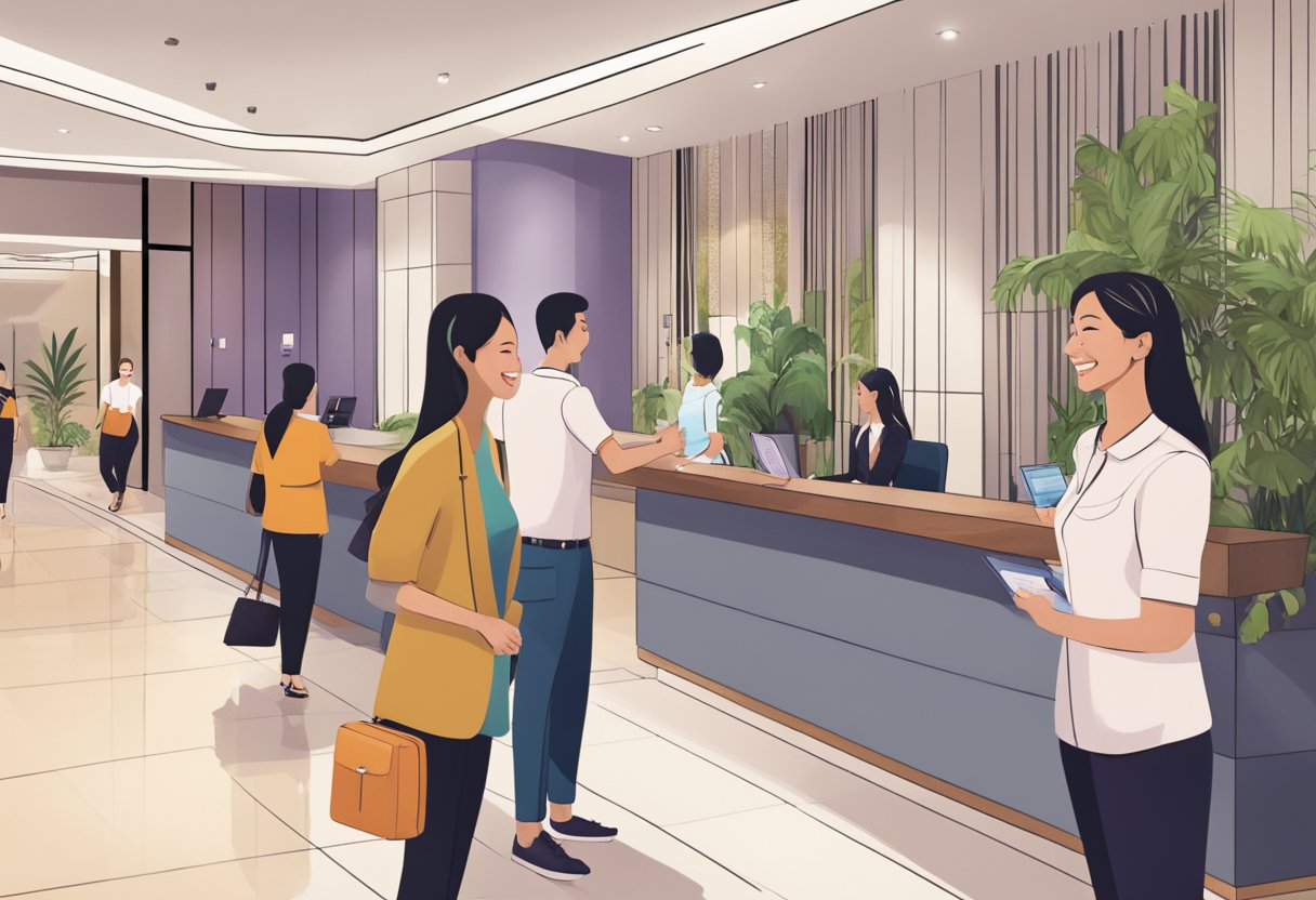 Guests enjoy a warm welcome at Mercure Singapore. A smiling staff member assists with check-in while others relax in the stylish lobby