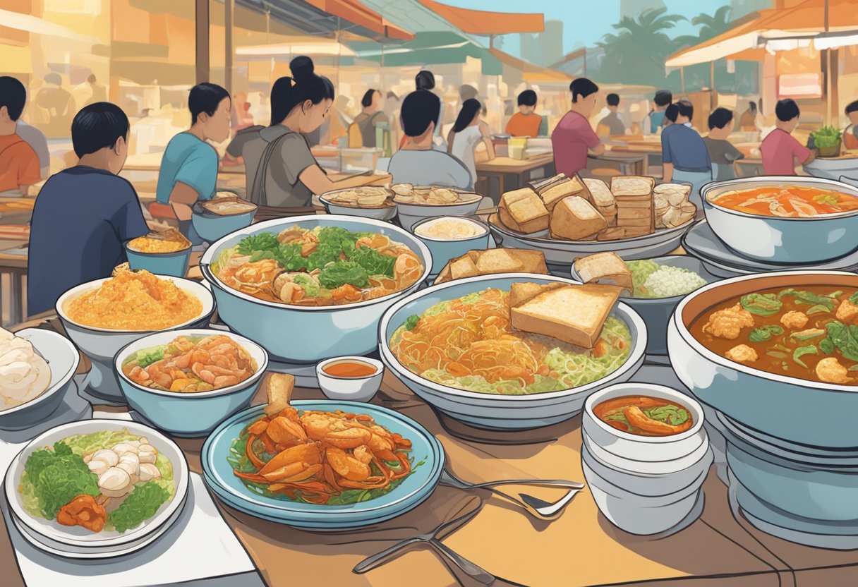 A table filled with colorful dishes: chili crab, Hainanese chicken rice, laksa, and kaya toast. A bustling hawker center in the background