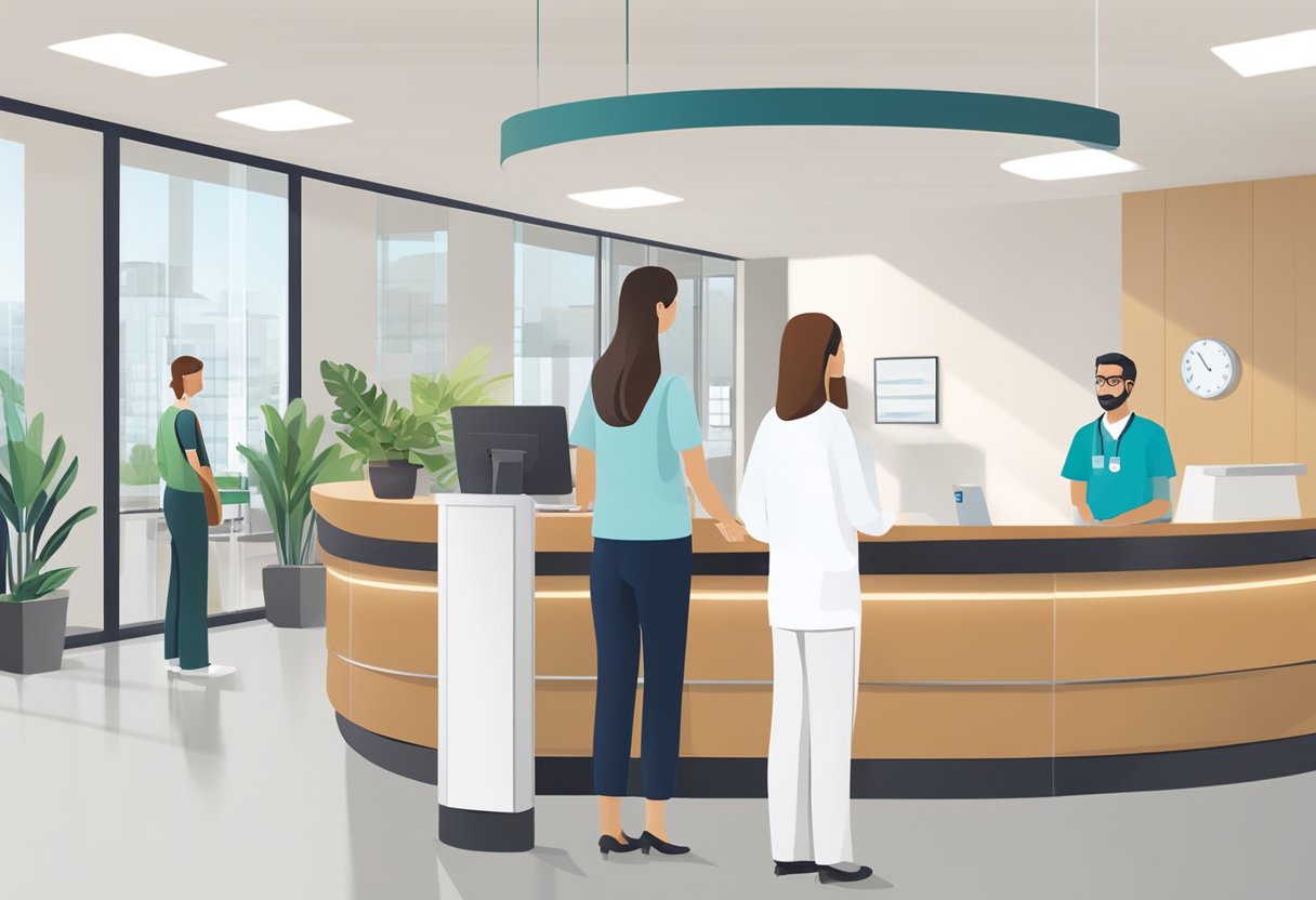 Patients waiting in a modern, well-lit reception area. A friendly receptionist assists a patient at the front desk. Clear signage indicates different service areas