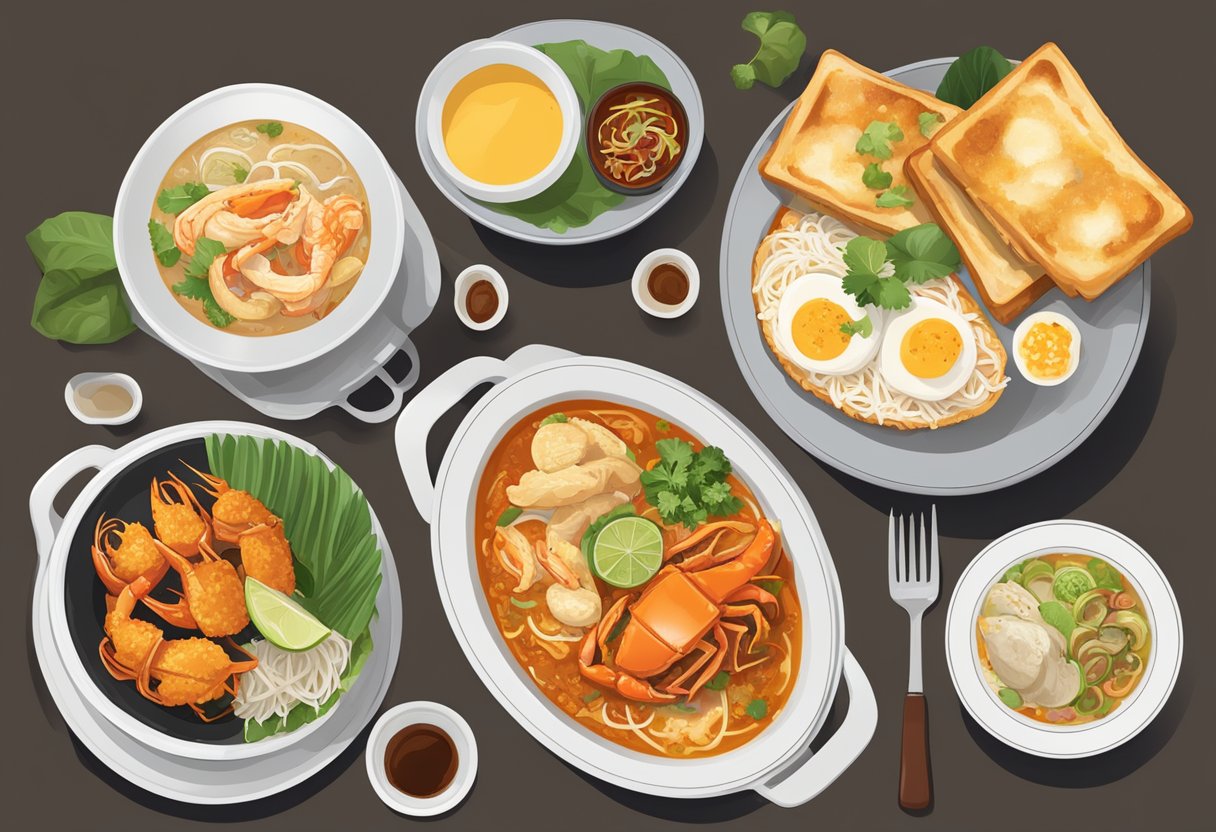 A table set with iconic Singaporean dishes: chili crab, laksa, Hainanese chicken rice, and kaya toast with kopi