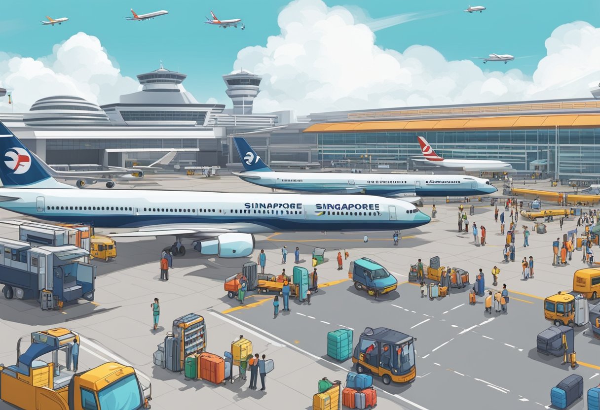 The bustling Singapore Terminal 1 with planes on the runway and passengers boarding. Busy airport staff and luggage carts fill the scene
