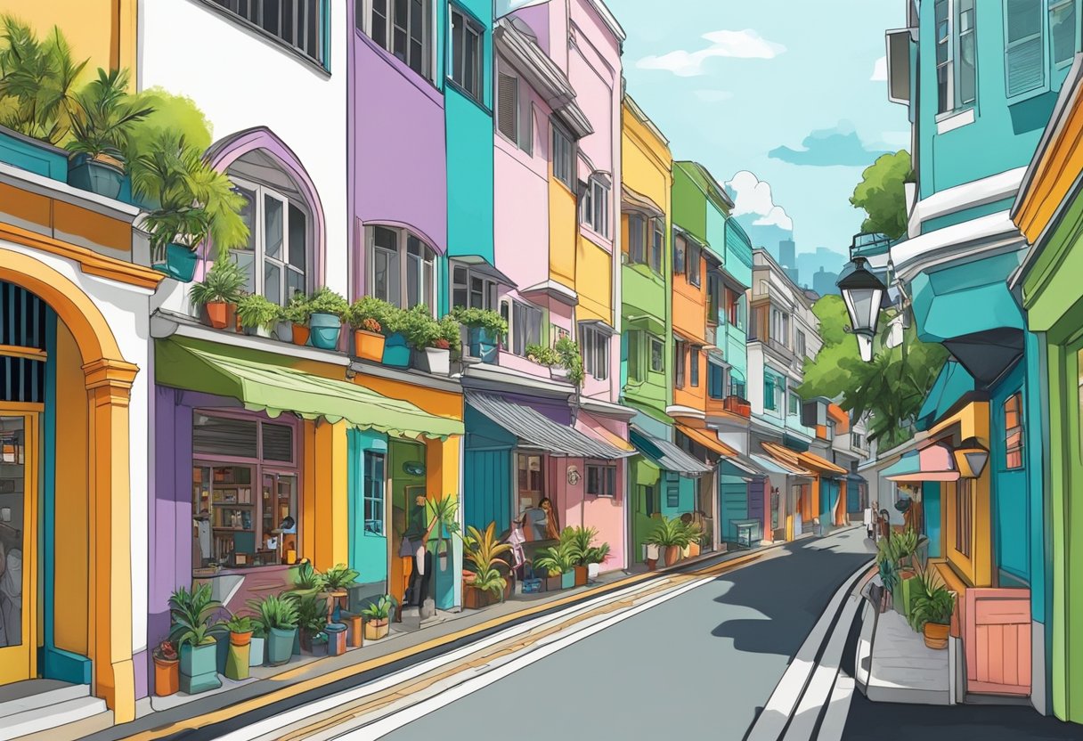 Colorful buildings line the streets of Haji Lane, with vibrant murals and quirky shops, creating a lively and fun atmosphere in Singapore