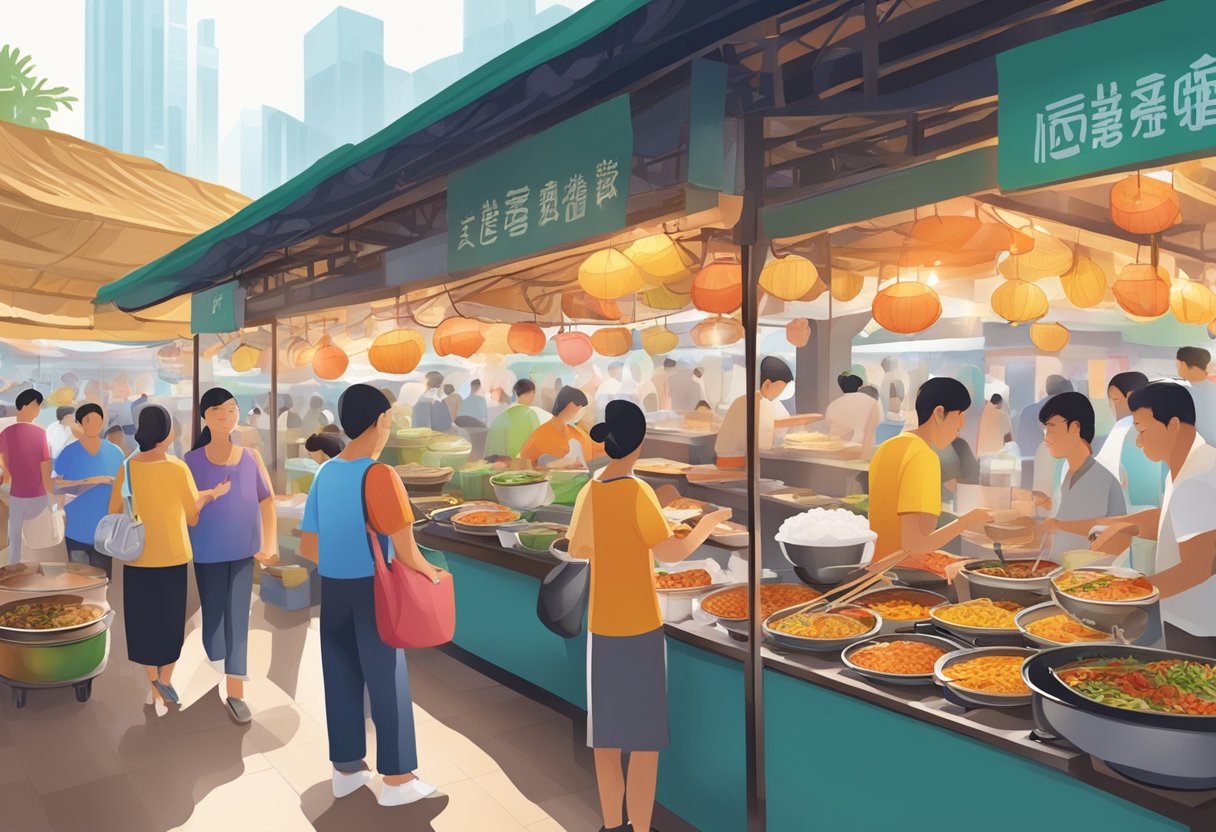 A bustling hawker center with sizzling woks, steaming pots, and colorful stalls offering a variety of local delicacies in Singapore