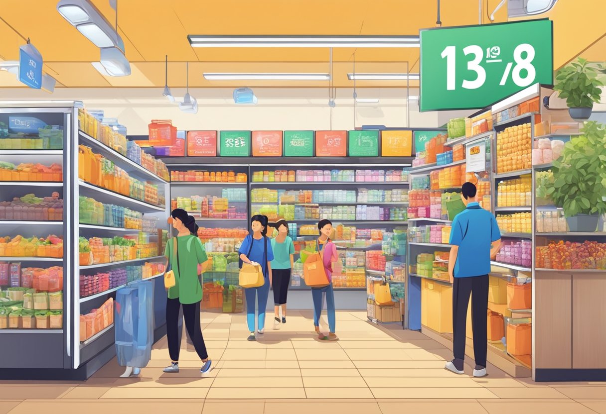 A colorful display of products with clear price tags, surrounded by customers seeking assistance from friendly staff at the emart singapore