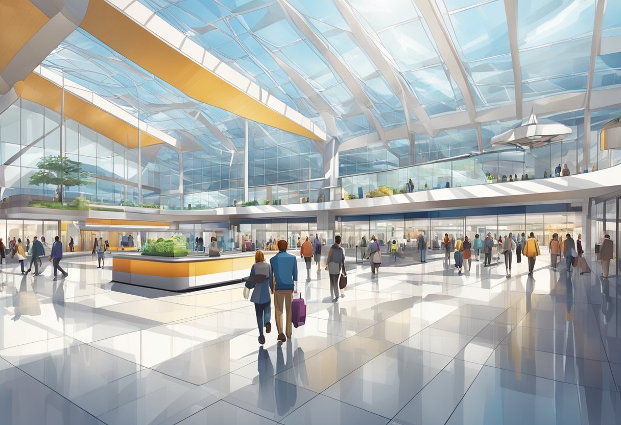 Passengers moving through modern, airy Terminal 1. Bright, open spaces with sleek architecture and large windows. Shops and restaurants line the concourse