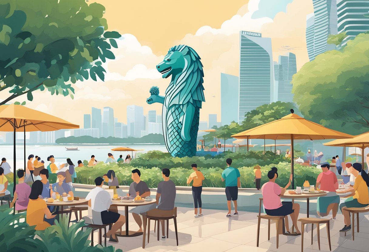The scene includes the iconic Merlion statue, Marina Bay Sands, Gardens by the Bay, and people enjoying food at hawker centers