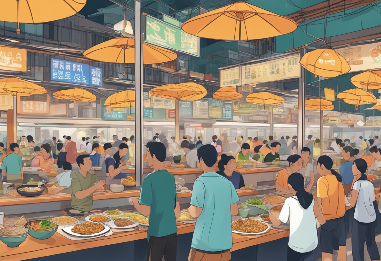A bustling hawker center in Singapore, with a variety of local dishes on display, surrounded by eager diners