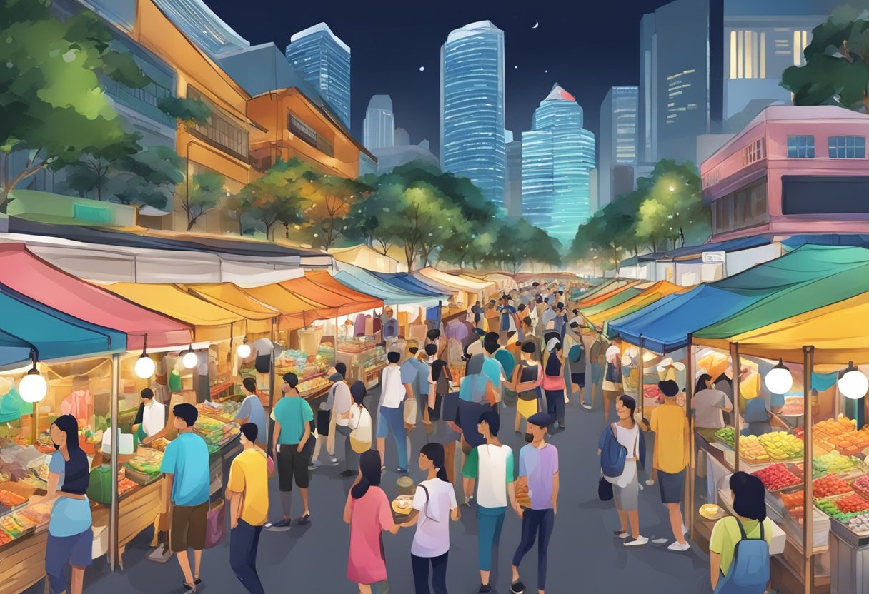 A bustling night market with colorful food stalls and lively entertainment in the heart of Singapore's bustling city