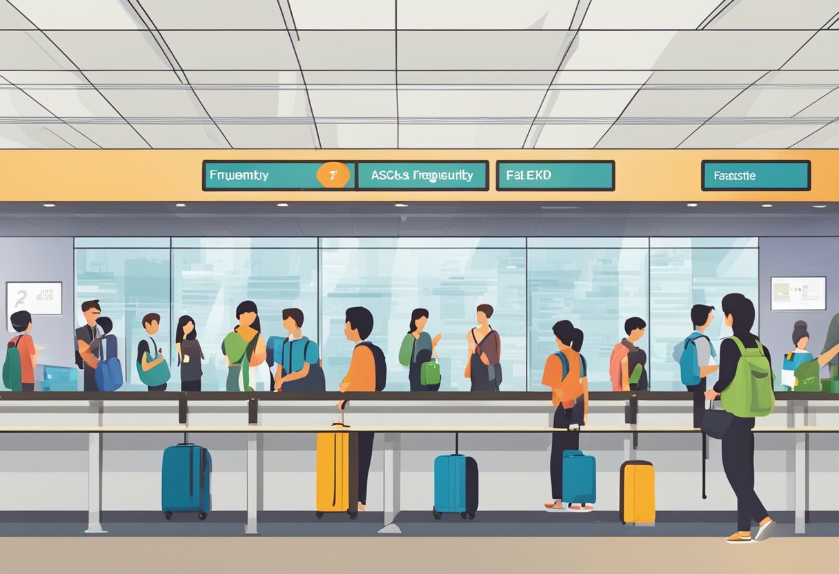 Passengers lining up at information counters in Singapore Terminal 1, with signs displaying "Frequently Asked Questions"