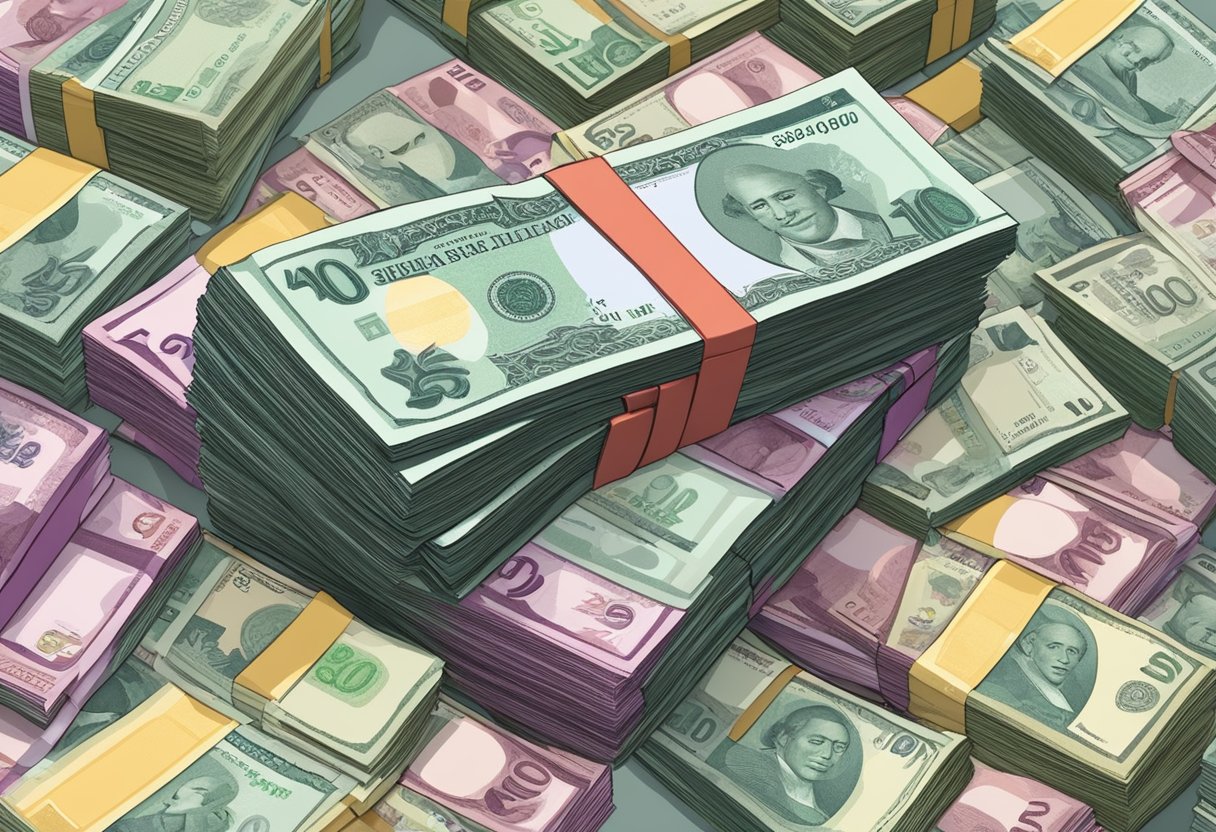A stack of Singapore dollar bills being exchanged for a larger pile of Indonesian Rupiah notes at a currency exchange counter
