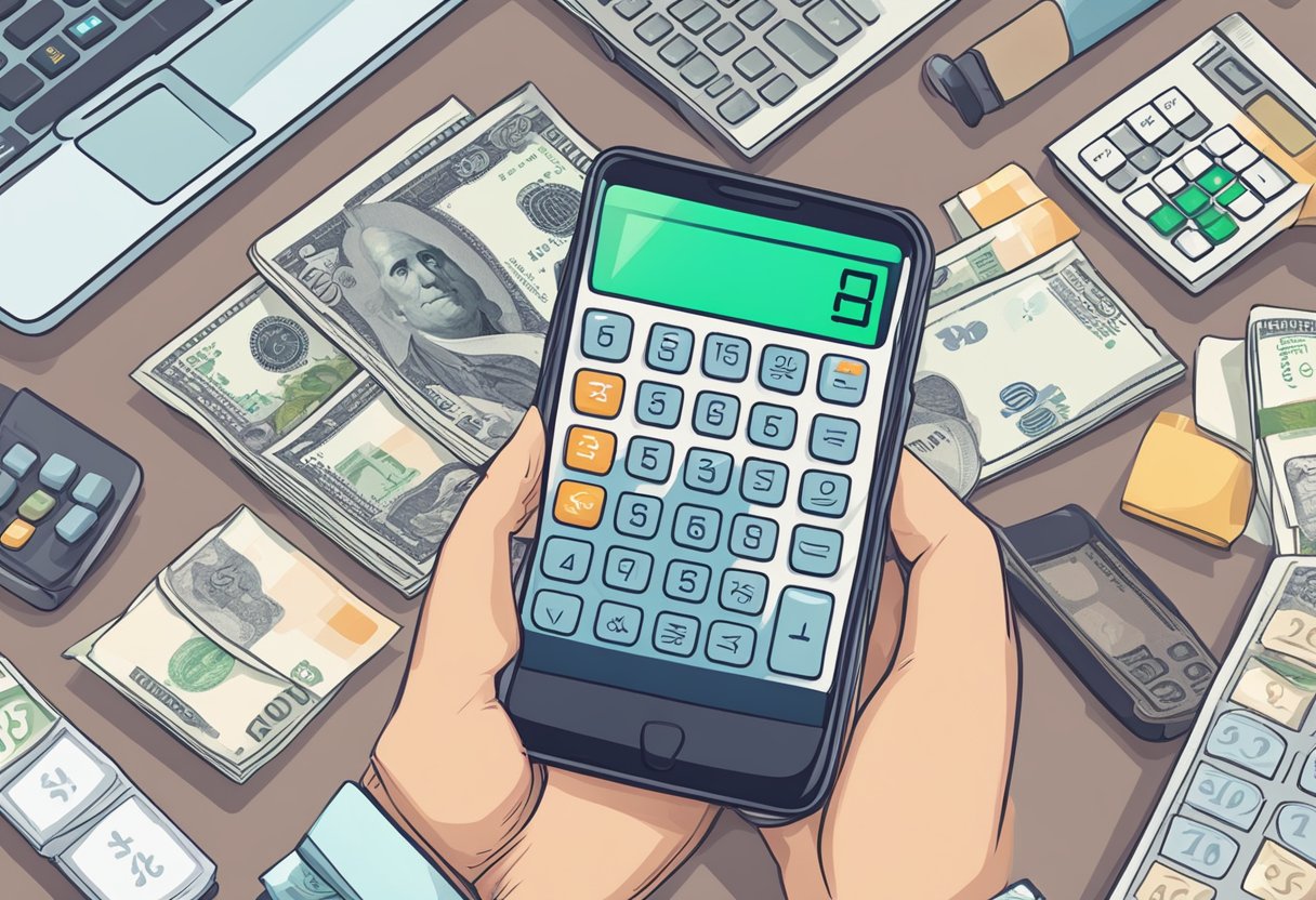A hand holding a calculator and a currency converter app on a smartphone, with SGD and IDR banknotes in the background