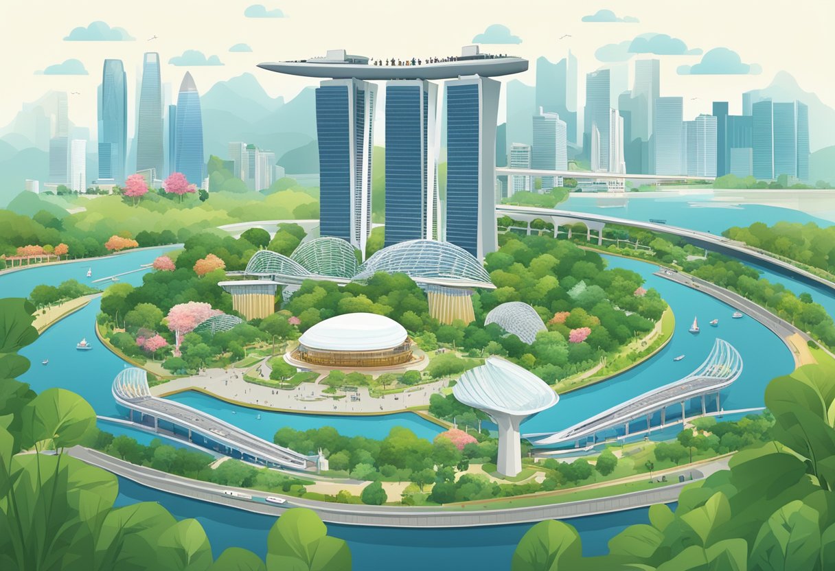 A bustling cityscape with iconic landmarks like the Marina Bay Sands, Gardens by the Bay, and the Singapore Flyer, surrounded by modern skyscrapers and lush greenery