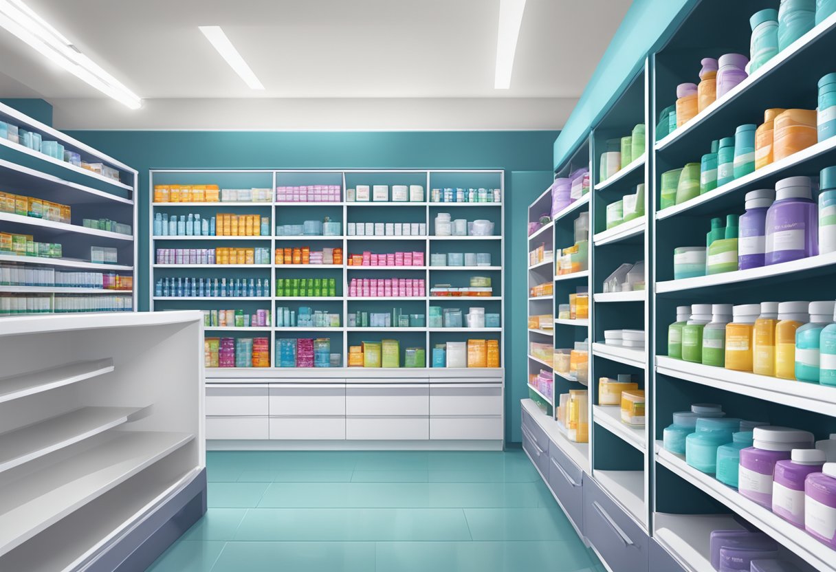 A modern pharmacy with the Unity Pharmacy Services logo in Singapore. Bright, clean, and organized shelves of products