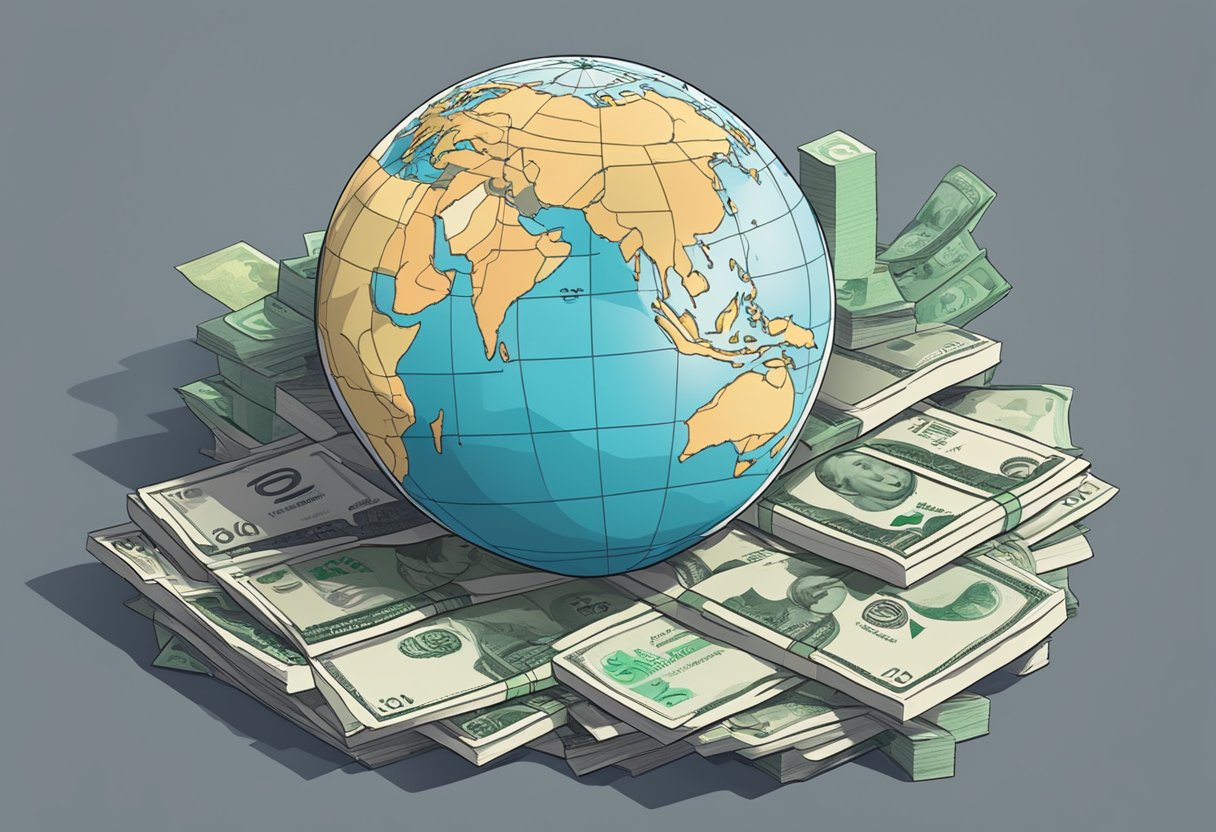 A stack of FAQ papers with "Singapore to Rupiah" printed on top, surrounded by a globe and currency symbols